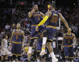 Kyrie and LeBron celebrating after one of Irving's many clutch shots vs. the Spurs.